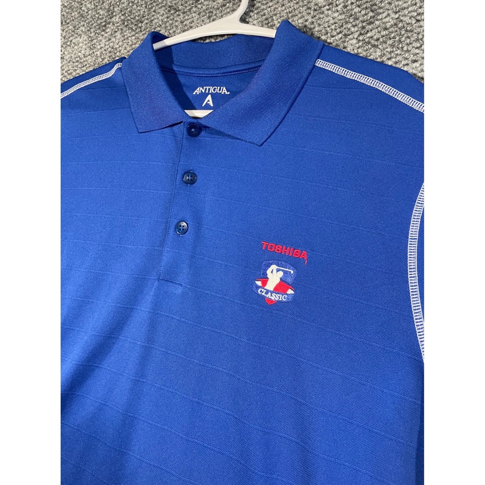 Antigua Mens Large Royal Blue Toshiba Classic Golf Polo Performance Shirt SKU 16